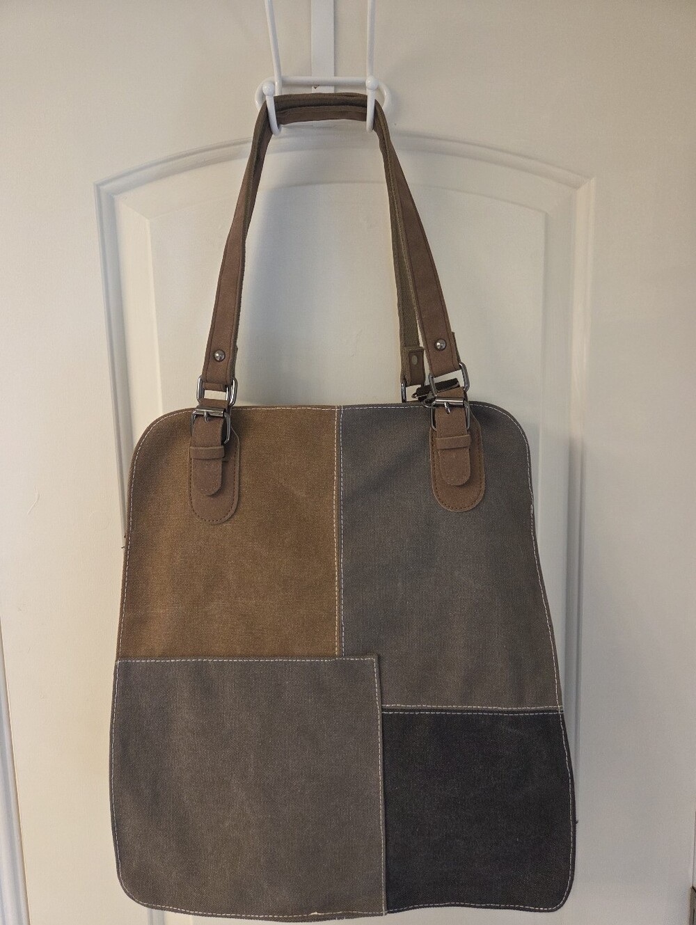 Canvas Patchwork Tote Bag - Brown/Gray